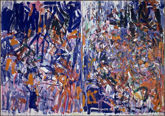 Oil painting by Joan Mitchell titled Weeds (1976). Diptych with slashing brushstrokes of yellow ochre tinged with venetian red in the midst of brilliant cobalt blue and violets.