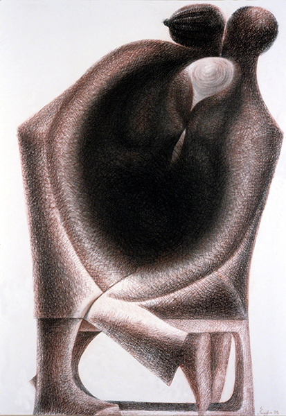 Conté crayon artwork by John Biggers titled Family (1975). Abstracted female figure leans over a seated, abstracted male figure as they kiss.