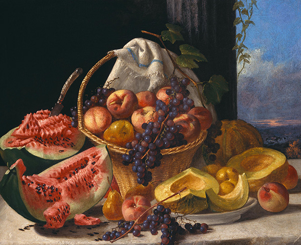 Oil painting by John F. Francis titled Still Life with Fruit. Basket of apples and grapes surrounded by melons with column and landscape in the background.