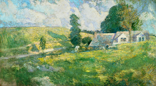 Painting by John Henry Twachtman titled Summer (ca. late 1890s). Grassy hill with trees, dirt lane, cottage, and blue sky with fluffy with clouds.