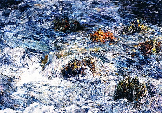 Painting by Joseph Raffael titled Paper Mill. Painterly image of water flowing over rocks.
