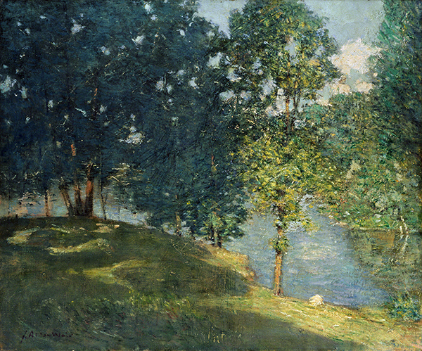 Oil painting by Julian Alden Weir titled Afternoon by the Pond (ca. 1908–1909). Landscape with hill and trees in the foreground and pond in the background.