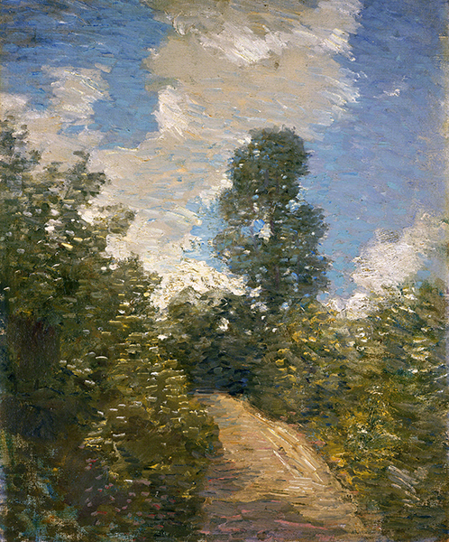 Oil painting by Julian Alden Weir titled Back Road (1900–1910). Tree-lined dirt road.