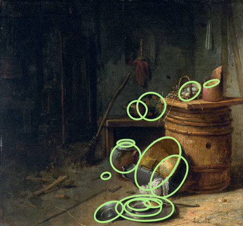 Willem Kalf (1619–1693, Netherlands), Kitchen (ovals highlighted), ca. 1642. 