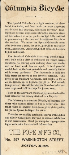 United States, Trade card for Columbia Bicycle from the Pope Manufacturing Company (Boston), reverse, late 1880s/1890s. 