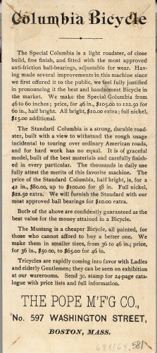 United States, Trade card for Columbia Bicycle from the Pope Manufacturing Company (Boston), reverse, late 1880s/1890s. 