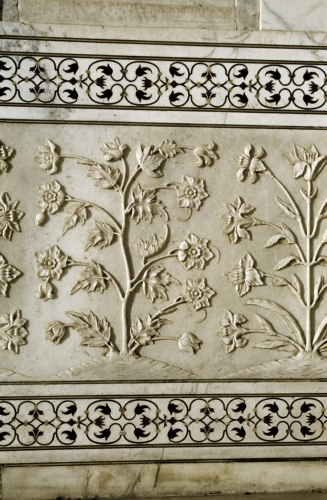 Ahmad Lahori, Taj Mahal, marble wall, detail: flowers in high relief, 1632–1654. 