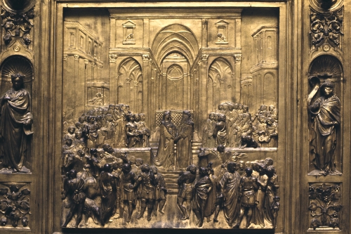 Lorenzo Ghiberti, Baptistry, Gates of Paradise, Solomon panel, detail: Solomon and Queen of Sheba, ca. 1425-1452.