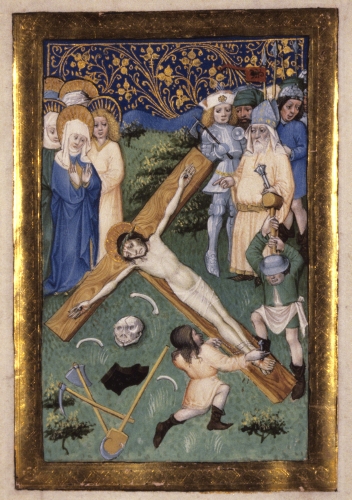 Master of the Maximilian School of Books (15th century, Vienna, Austria), from a Book of House, full-page minitare, Christ Nailed to the Cross, ca. 1465. 