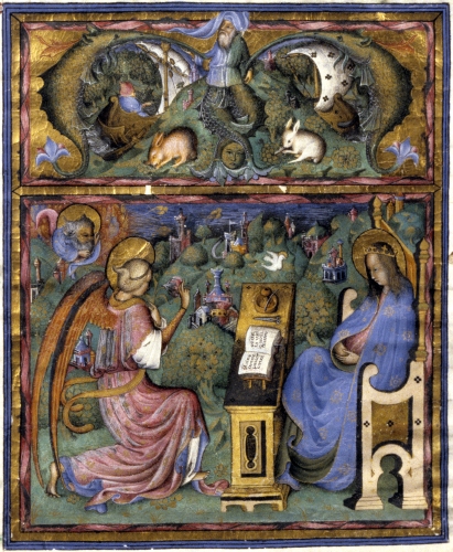 Belbello da Pavia (Luchino di Giovanni Belbello, active by 1430, died after 1473, Italy), Annunciation in an initial M(issus est), excised section of an antiphonary, 1440–1450. 