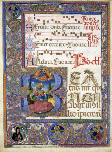 Attributed to Giacomo Caporali (active by 1450, died 1478, Italy), Bifolium from a dispersed Antiphonary: The Prayer of King David in an initial B(beatus), ca. 1450.
