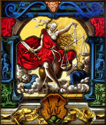  Josef Gössler (active 1540–1585), Window with an allegory of Justice, with the arms of Anthony Wyss, 1570, for a church in Bern. 