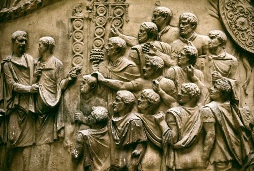 Ancient Rome, Trajan Addressing His Troops, from the Column of Trajan, Rome, ca 112 CE.