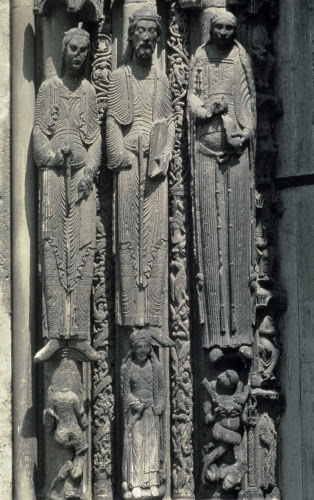 France, west façade jamb figures of kings and queens from Judah, Chartres Cathedral, ca. 1140–1150, main part of the church consecrated 1260.