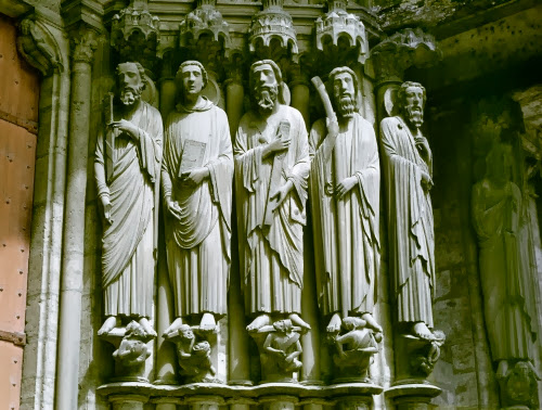 France, Jamb figures from the south transept portal, east jamb of Chartres Cathedral: Saints Paul, John, James the Greater and James the Less, 1200s. 