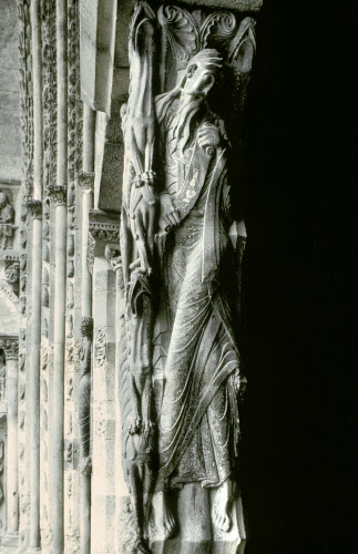 France, Abbey Church of Saint-Pierre, south porch trumeau figure of Prophet Jeremiah (?), ca. 1125–1130. 