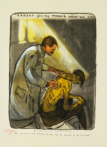 Sue Coe (born 1951, US), Doctor Giving Massage to an AIDS Patient, from the New Provincetown Print Project portfolio, 1993.