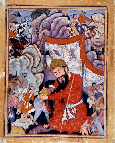 India, Zumurrud Shah Reaches the Foot of a Huge Mountain and is Joined by Ra’im and Yaqut, page from a dispersed Hamzanama (Book of Hamza), 1557–1572. 