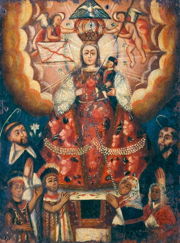 Bolivia, Madonna and Child with Saint Dominic, Saint Francis, and Indian Donors, 1700s. 