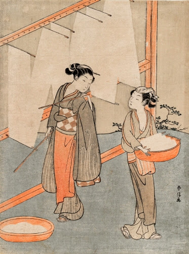 Suzuki Harunobu (1725–1770), Young Woman and Servant Drying Fine Noodles, ca. 1766. 