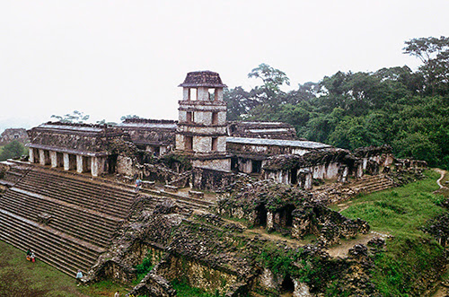 Maya, Palenque, Mexico, Palace, primarily between 602 and 783 CE, tower added ca. 721 CE, from southwest corner. 