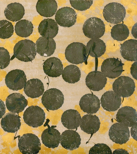 Hon’ami Kōetsu (calligrapher, 1558–1637) and Tawaraya Sotatsu (painter, died 1643), Calligraphy of a Heian period poem over a background of chrysanthemums, 1615–1637. 