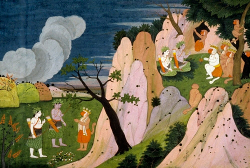 India, Surgiva Takes Rama to the Mountain Cave where Sita’s Jewels are Kept, illustration from a Ramayana (Tales of Rama), from Kangra (?), Himachal Pradesh, ca. 1820. 
