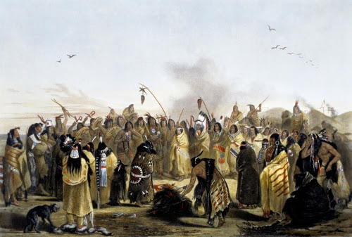 Karl Bodmer (1809–1893, Swiss), Scalp Dance of the Minitarres, from the Travels in the Interior of North America portfolio, printed by Ackermann and Company (London). 