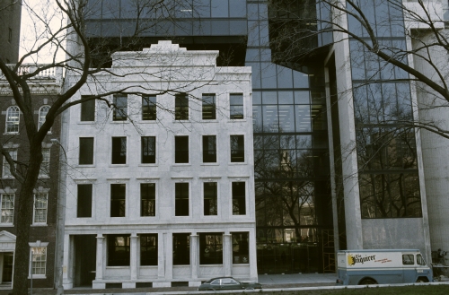 John Haviland (1792–1852, original façade), Theophilus Chandler (1845–1929, cornice), and Mitchell/Giurgola Architects (founded 1958, New York), Penn Mutual Building preservation and new construction, 1838 and 1901, and 1974.