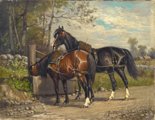 Nicholas W.S. Leighton (1847–1898, US), Two Horses by a Wayside Trough, 1883. 
