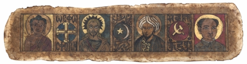 Gade (born 1971, Tibet), Manuscript Sheet with Buddha, Christ, an Islamic Figure, and Mao, 2004. 