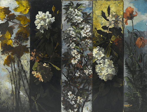 Elizabeth Otis Boott Duveneck, All five panels together at the Brooklyn Museum: Autumn Foliage, Rhododendrons, Apple Blossoms, Rhododendrons, and Poppies. 