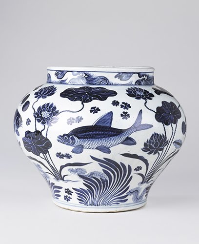 China, Wine jar with carp and aquatic plant motif, 1300s. 