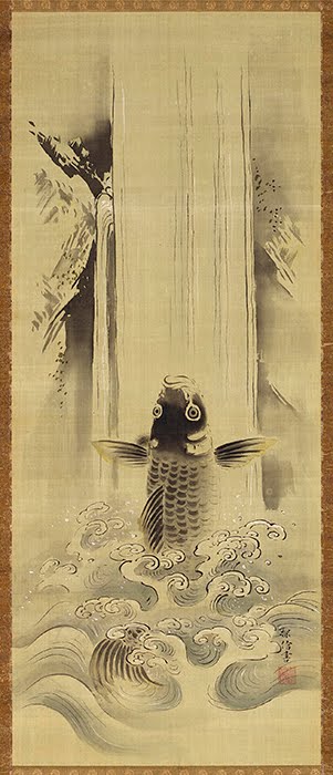 Kanō Tanshin Morimasa (1653–1718), Carp Ascending a Waterfall, 1668.