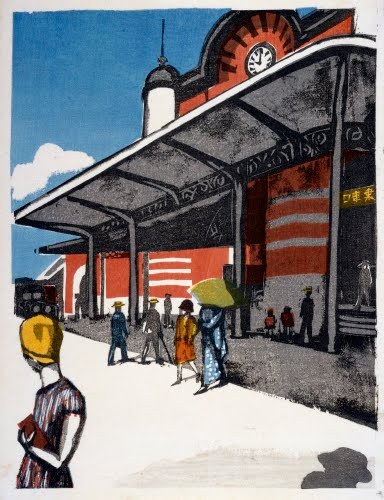 Onchi Kōshirō (1891–1955), Tokyo Station, from the series Scenes of Lost Tokyo, 1931, reprinted 1946.