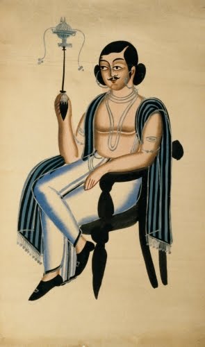 India, Man Seated in a European Chair with a Nargila Pipe, 1880. 