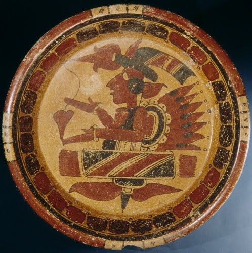 Ancient Mexico, Mayan, Male (Priest?) Burning Incense, tripod plate, ca. 500–800 CE.