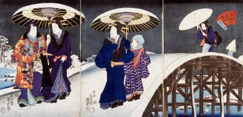Utagawa Toyokuni III (Kunisada I) (1786–1864, Japan), Twelfth Month: Snow, Moon and Style of Winter Dress. 