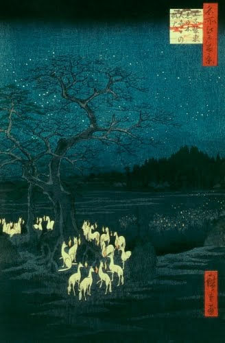 Utagawa Hiroshige I (1797–1858 Japan), New Year’s Eve Foxfires at the Changing Tree, Oji, #118 from the series One Hundred Famous Views of Edo, 1857. 