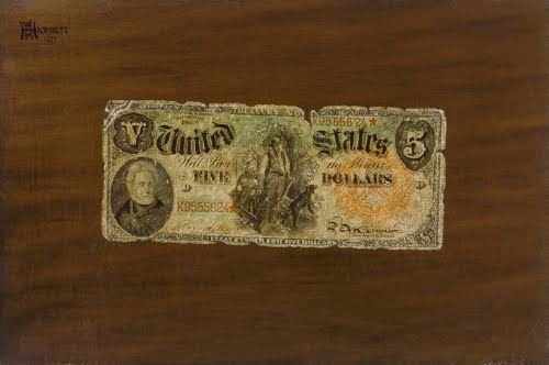 William Harnett (1848–1892, US, born Ireland), Still Life—Five Dollar Bill, 1877. 