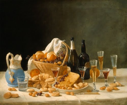 John F. Francis, Still Life with Wine Bottles and Basket of Fruit, 1857. 