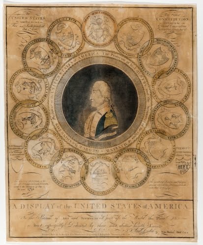 Amos Doolittle (1754–1832, US), George Washington President of the United States of America the Protector of His Country and Supporter of the Rights of Mankind (A Display of the United States of America), 1789–1794. 