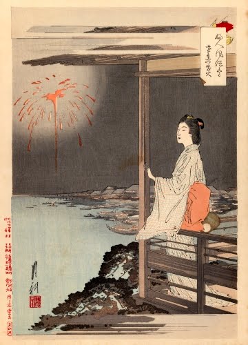 Ogata Gekko (1859-1920, Japan), Woman Looking at Fireworks from a Veranda, from the Women’s Customs and Manners series, 1897. 