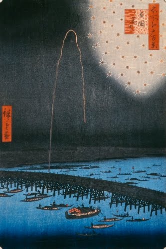 Utagawa Hiroshige I (1797–1858, Japan), Fireworks at Ryogoku (bridge), #98 from the One Hundred Famous Views of Edo series,1858. 