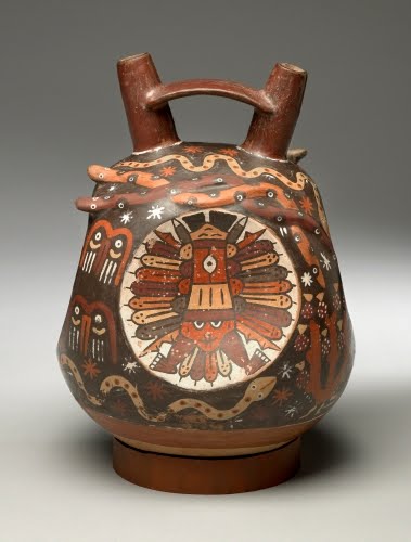Ancient Peru, Nazca Culture, Double-spouted bridge handle vessel, 325–440 CE.