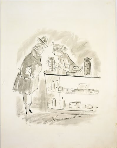 Barbara Shermund (1899–1978, US), Saleswoman: “This is a bath salt one may sit on.” Original drawing for a cartoon in The New Yorker magazine, 1938. 