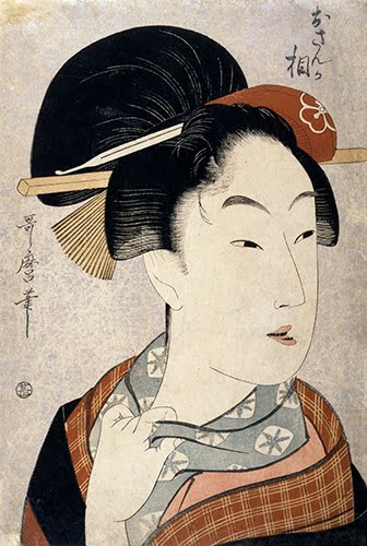  Kitagawa Utamaro (1753–1806, Japan), Portrait of an Escort as the Heroine “Osan” from the play “The Almanac-Maker’s Tale,” from the series Four Busts of Dramatic Heroines, ca. 1798. 