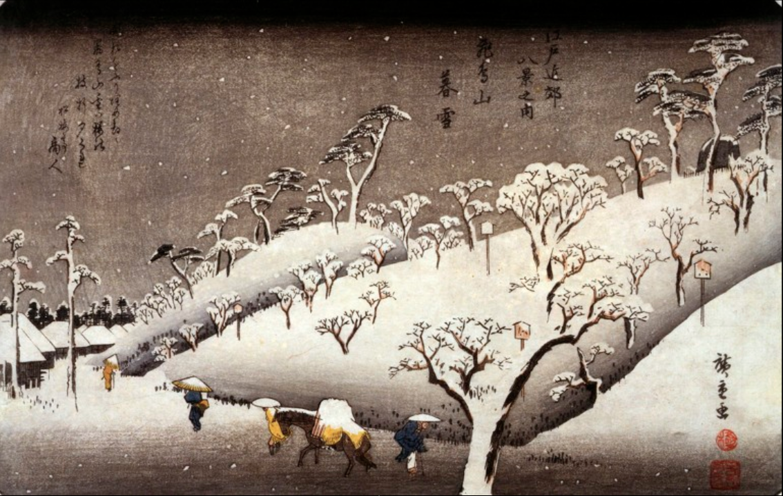 Utagawa Hiroshige I (1797–1858), Evening Snow on Asuka Mountain, block #1 from the series Eight Views in the Environs of Edo, ca. 1838.