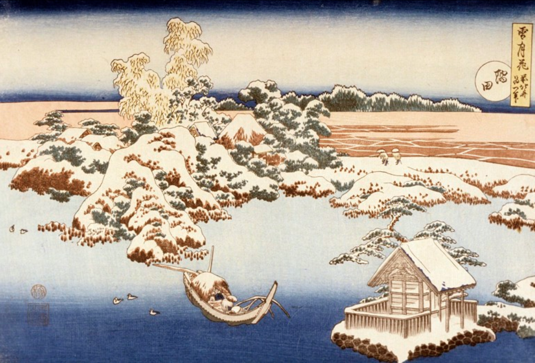 Katsushika Hokusai (1760–1849), Snow on the Sumida River, from the series Snow, Moon and Flower, ca. 1832. 