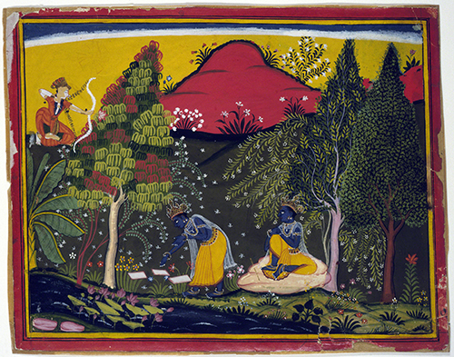 India, Krsna Interrupted by Kama (Desire), page from the poetry epic Gita Govinda (“Song of Krsna”) by Jayadeva, from Rajasthan, 1650–1660.